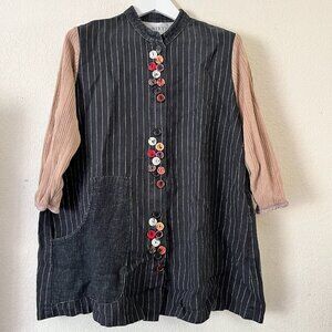 Shirtz Women Unique Button Front Striped Tunic Top 3/4 Sleeve Pocket Lightweight